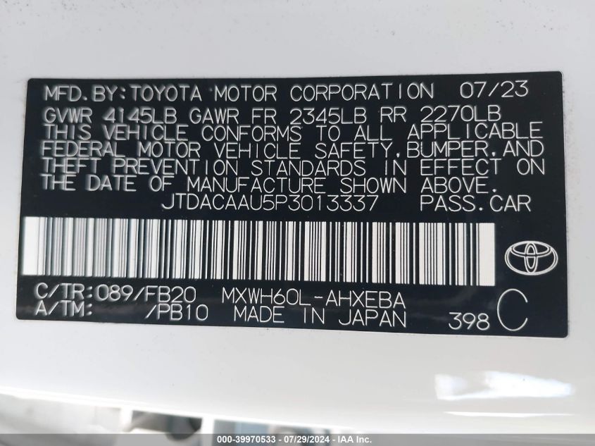 2023 Toyota Prius Le VIN: JTDACAAU5P3013337 Lot: 39970533