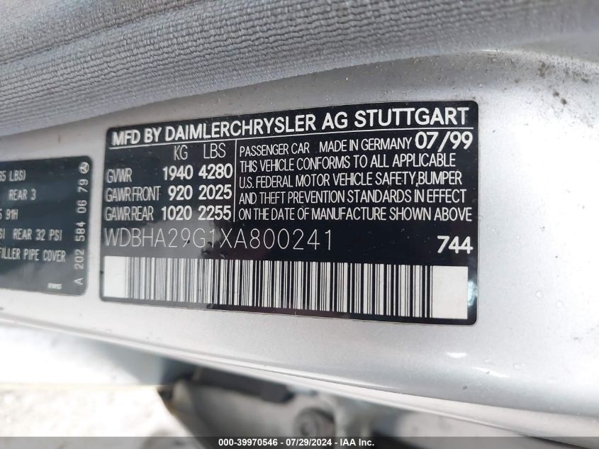 1999 Mercedes-Benz C 280 VIN: WDBHA29G1XA800241 Lot: 39970546