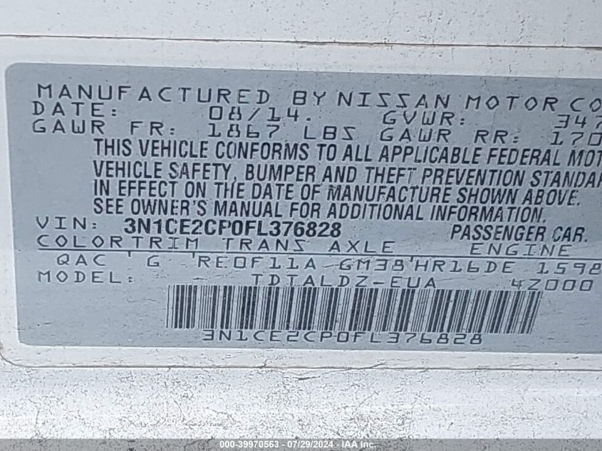 2015 Nissan Versa Note Sv VIN: 3N1CE2CP0FL376828 Lot: 39970563