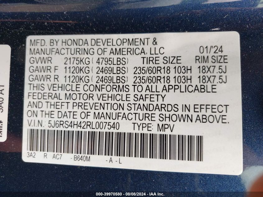 2024 Honda Cr-V Ex Awd VIN: 5J6RS4H42RL007540 Lot: 39970580