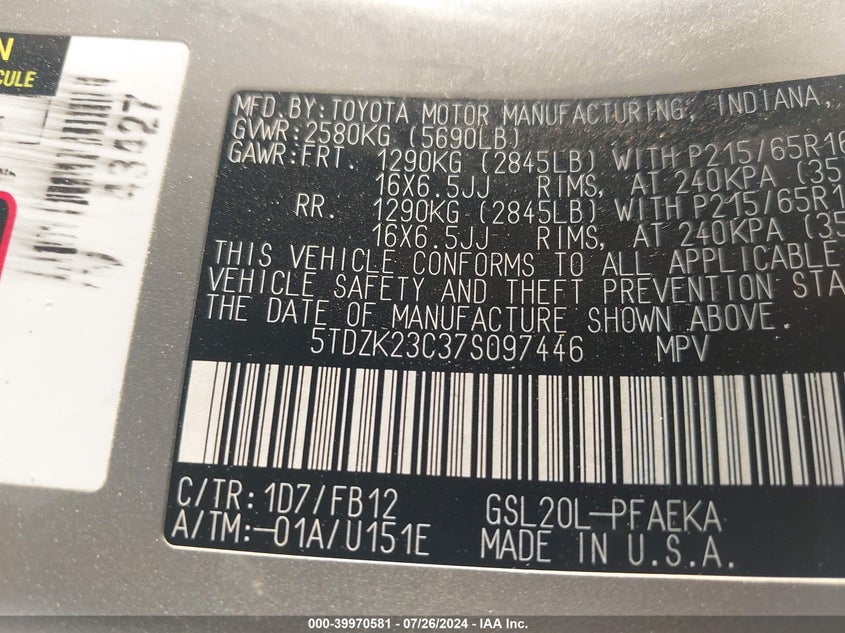 2007 Toyota Sienna Ce VIN: 5TDZK23C37S097446 Lot: 39970581