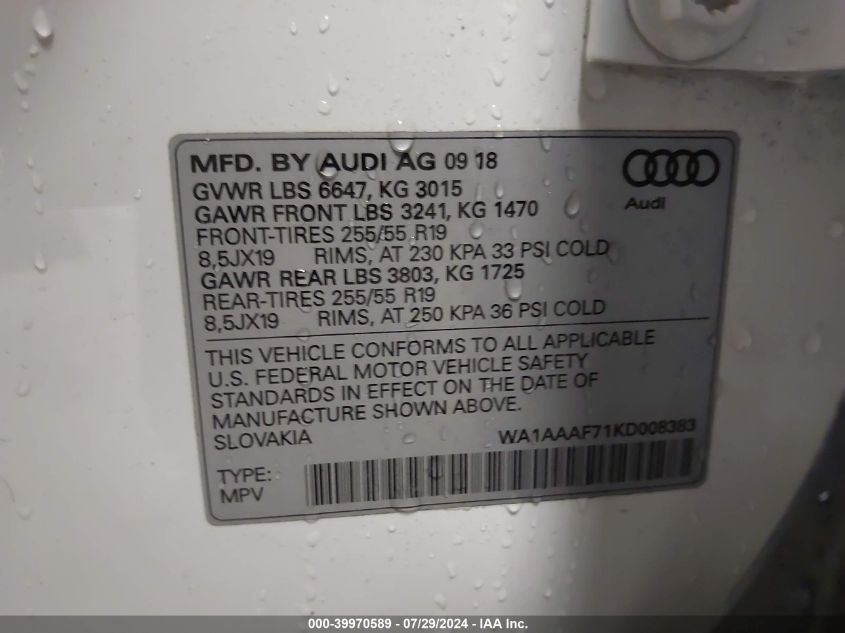 2019 Audi Q7 55 Premium/55 Se Premium VIN: WA1AAAF71KD008383 Lot: 39970589