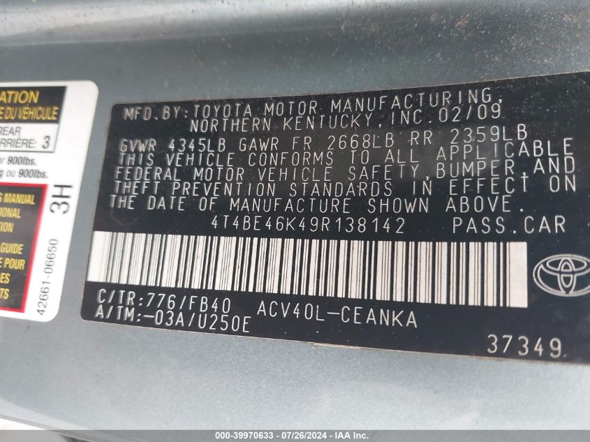 2009 Toyota Camry Le VIN: 4T4BE46K49R138142 Lot: 39970633