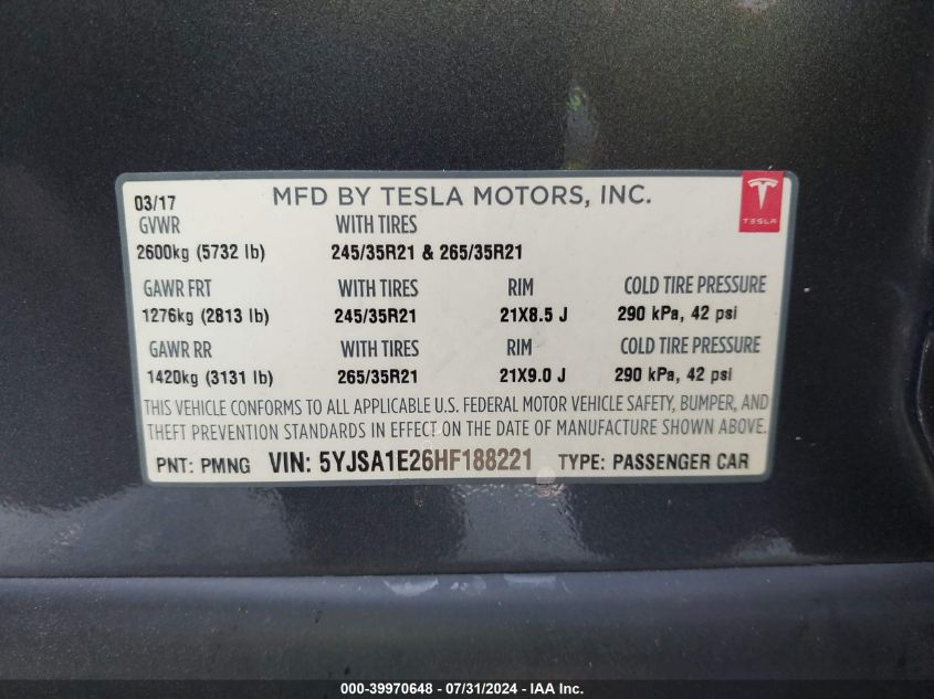 5YJSA1E26HF188221 2017 Tesla Model S 100D/60D/75D/90D/P100D