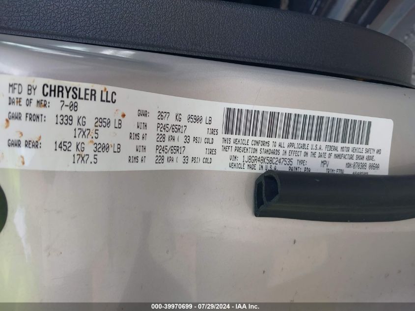 2008 Jeep Grand Cherokee Laredo VIN: 1J8GR48K58C247535 Lot: 39970699