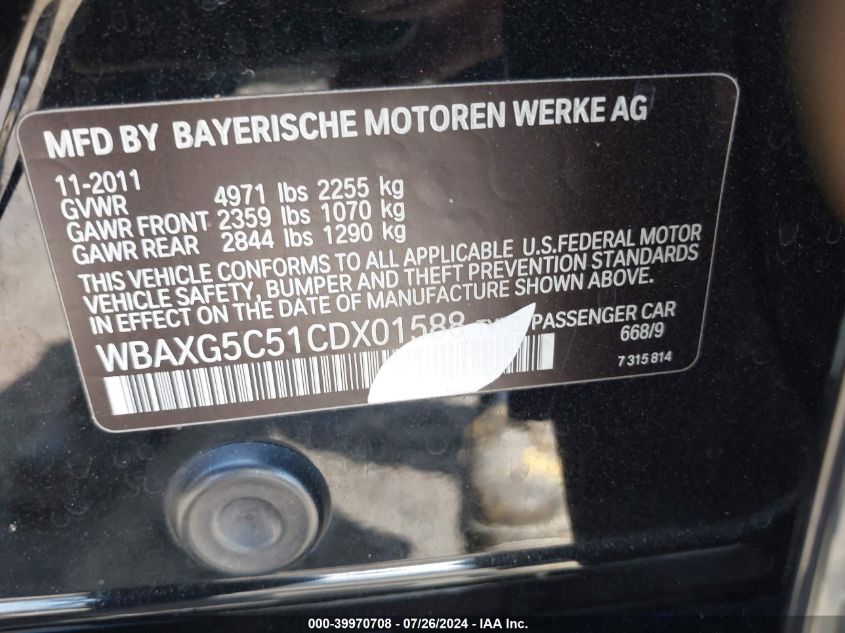 2012 BMW 528I VIN: WBAXG5C51CDX01588 Lot: 39970708