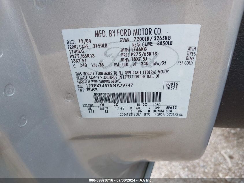 2005 Ford F-150 Fx4/Lariat/Xl/Xlt VIN: 1FTPX14575NA79747 Lot: 39970716