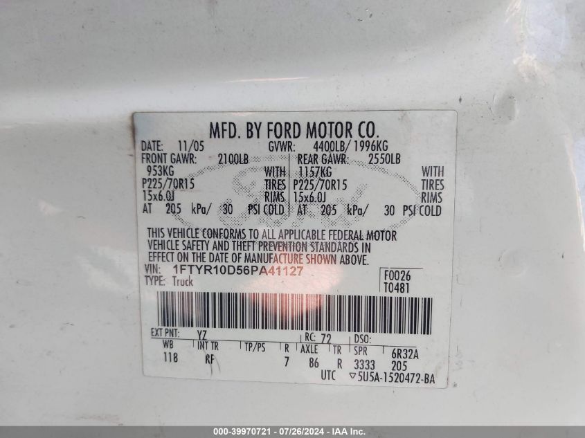 2006 Ford Ranger Xl/Xlt VIN: 1FTYR10D56PA41127 Lot: 39970721