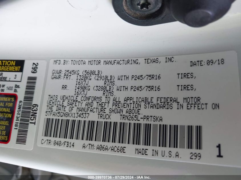 2019 Toyota Tacoma Double Cab/Sr/Sr5 VIN: 5TFAX5GN8KX134537 Lot: 39970736