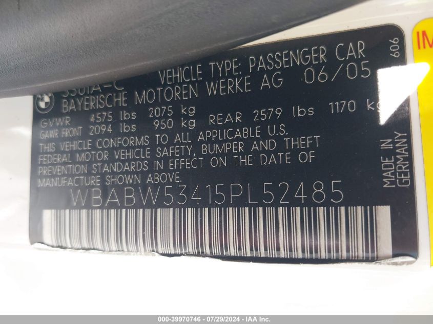 2005 BMW 330 Ci VIN: WBABW53415PL52485 Lot: 39970746