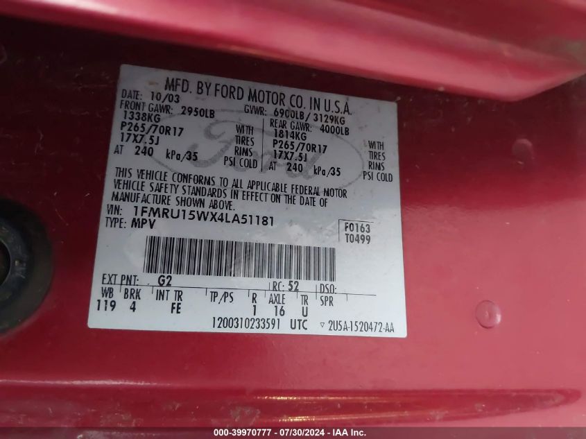 2004 Ford Expedition Xlt VIN: 1FMRU15WX4LA51181 Lot: 39970777