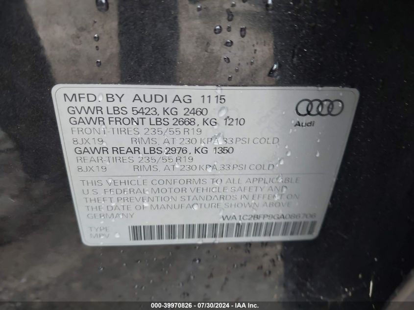 2016 Audi Q5 Premium VIN: WA1C2BFP9GA086706 Lot: 39970826