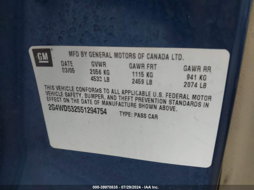 2005 Buick Lacrosse Cxl VIN: 2G4WD532551294754 Lot: 39970835