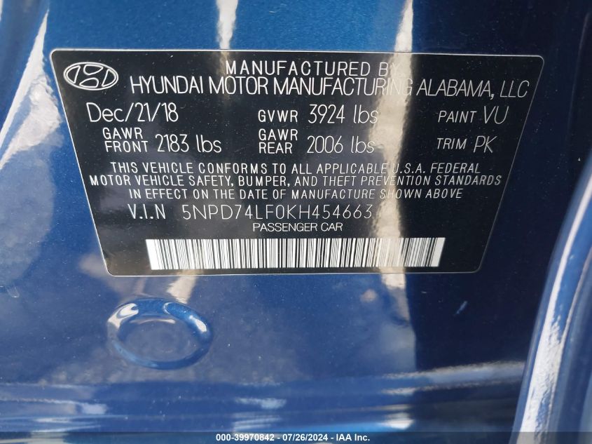 2019 Hyundai Elantra Se VIN: 5NPD74LF0KH454663 Lot: 39970842