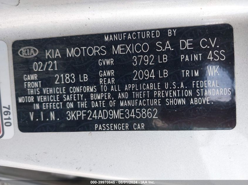 2021 Kia Forte Lxs VIN: 3KPF24AD9ME345862 Lot: 39970845