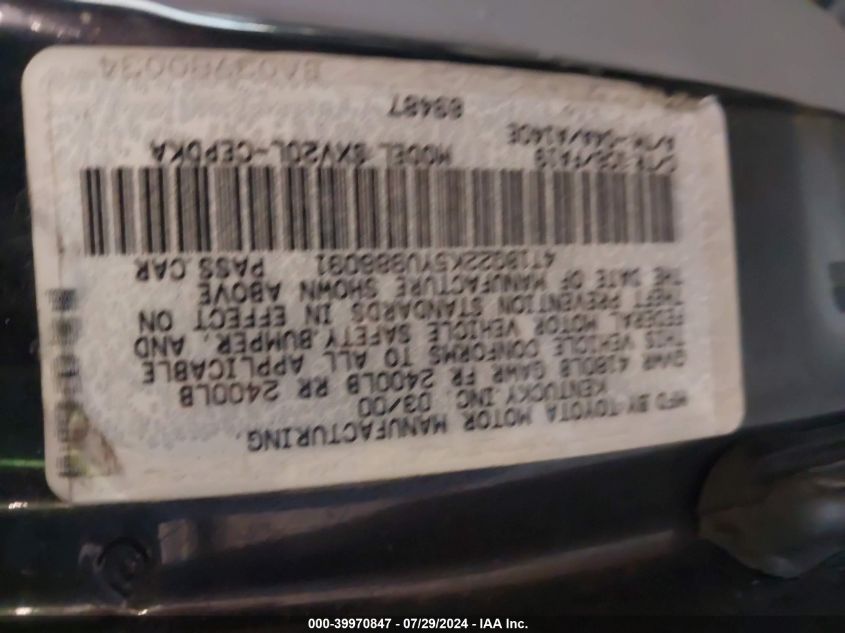 2000 Toyota Camry Ce/Le/Xle VIN: 4T1BG22K5YU986091 Lot: 39970847