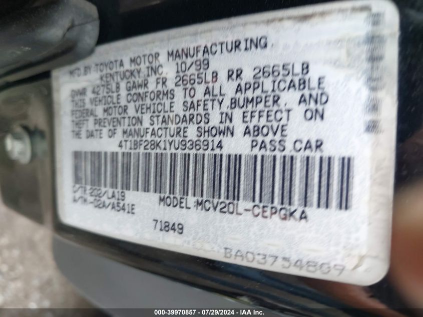 2000 Toyota Camry Xle V6 VIN: 4T1BF28K1YU936914 Lot: 39970857