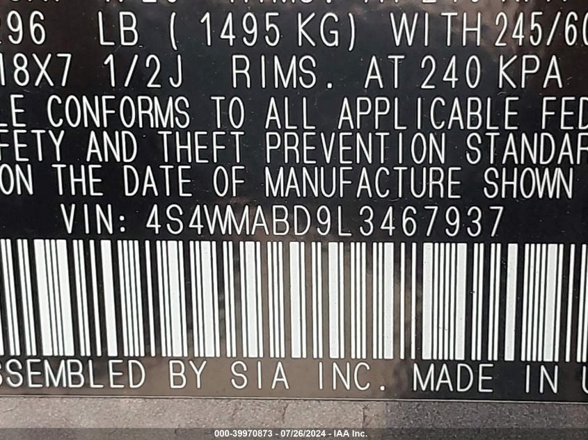 2020 Subaru Ascent Premium VIN: 4S4WMABD9L3467937 Lot: 39970873