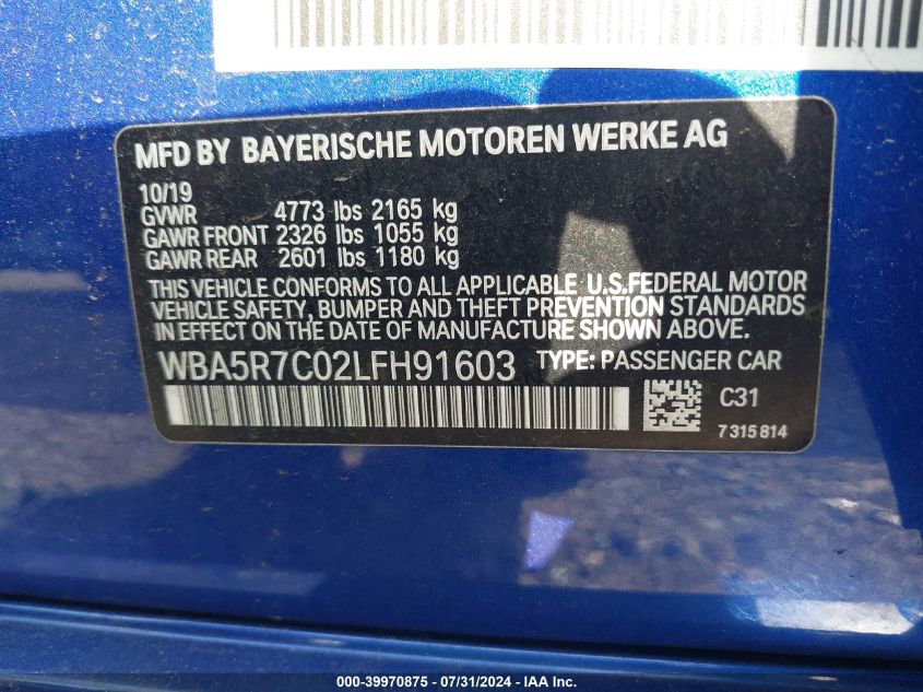 WBA5R7C02LFH91603 2020 BMW 330I xDrive