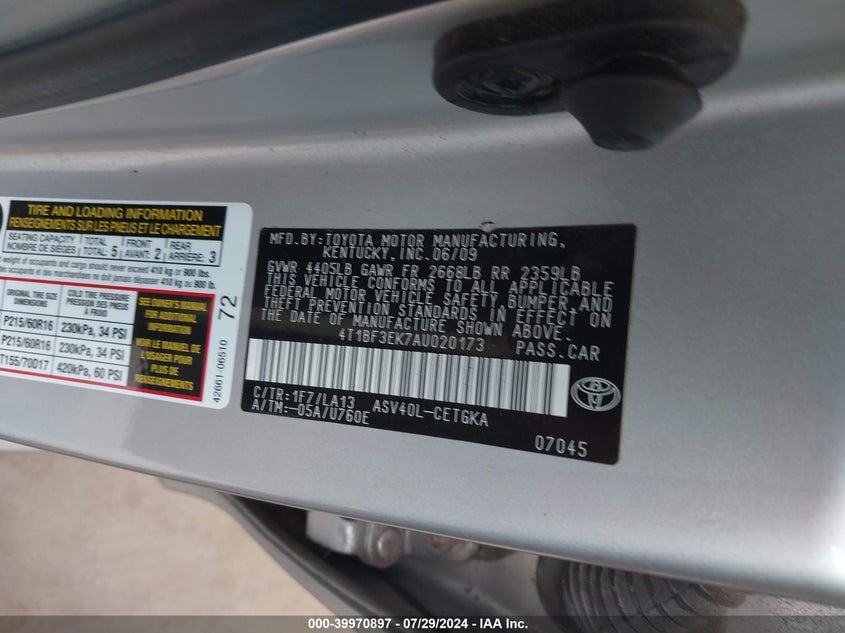 2010 Toyota Camry Xle VIN: 4T1BF3EK7AU020173 Lot: 39970897