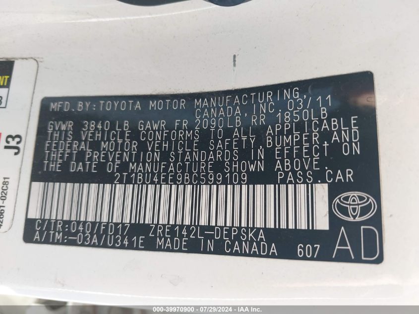 2011 Toyota Corolla L/Le/S VIN: 2T1BU4EE9BC599109 Lot: 39970900