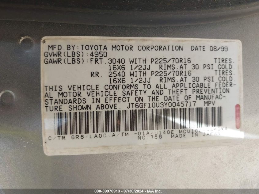 2000 Lexus Rx 300 VIN: JT6GF10U3Y0045717 Lot: 39970913