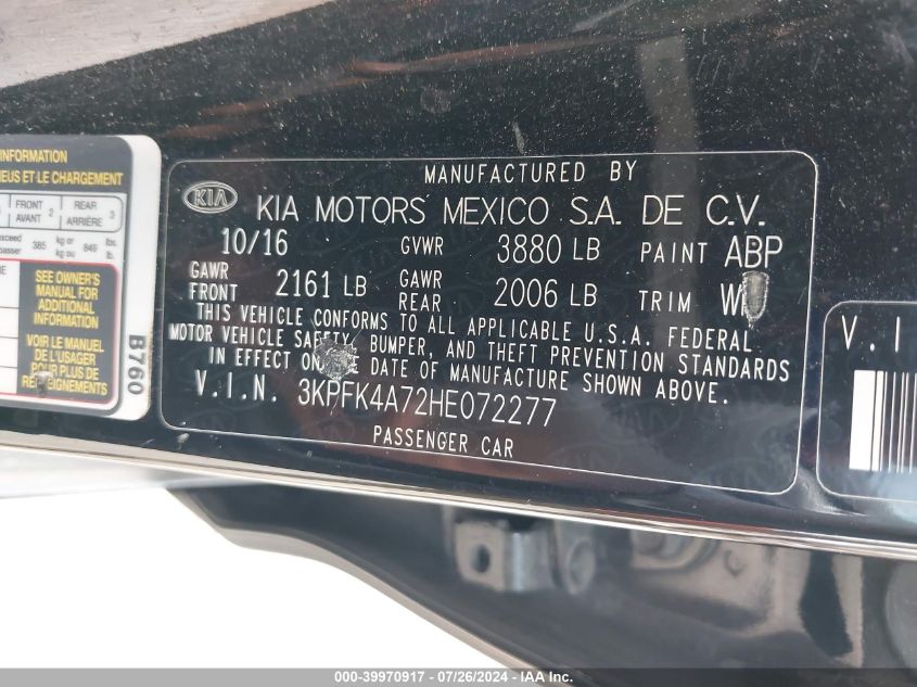 2017 Kia Forte Lx VIN: 3KPFK4A72HE072277 Lot: 39970917