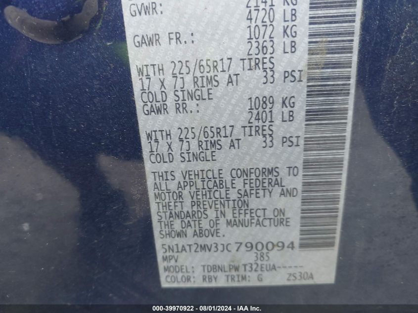 2018 Nissan Rogue S VIN: 5N1AT2MV3JC790094 Lot: 39970922