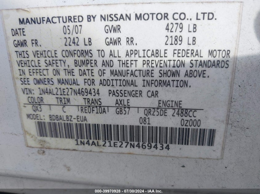 2007 Nissan Altima 2.5 S VIN: 1N4AL21E27N469434 Lot: 39970928