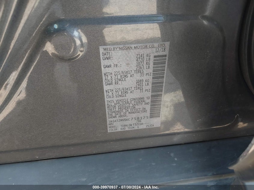 VIN 5N1AT2MV6KC758175 2019 NISSAN ROGUE SV
