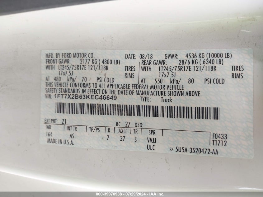 2019 Ford F-250 Xl VIN: 1FT7X2B63KEC46649 Lot: 39970938