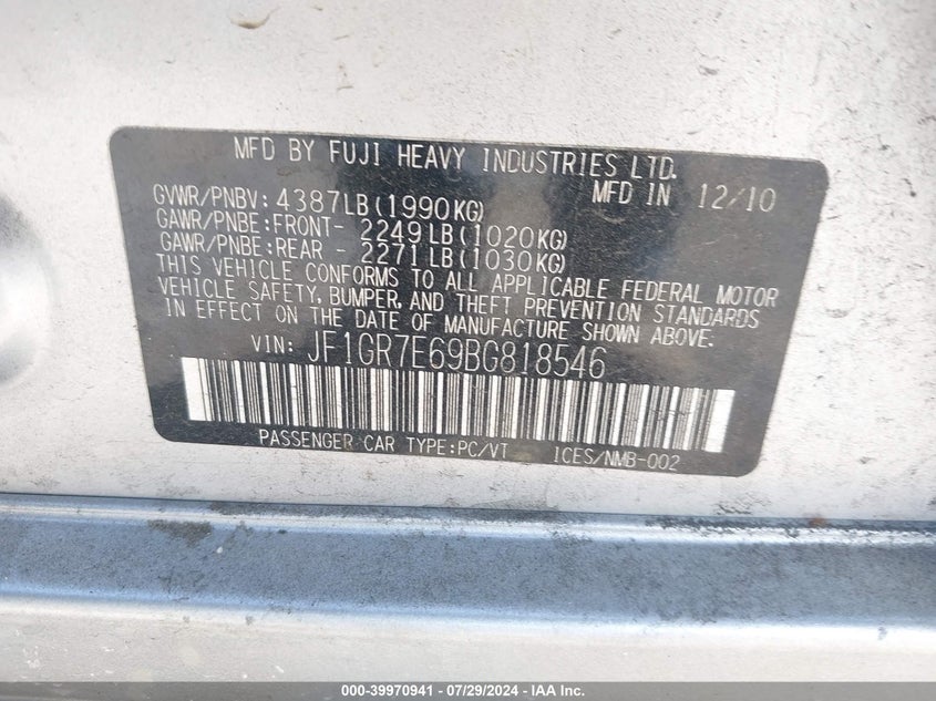 2011 Subaru Impreza Wrx VIN: JF1GR7E69BG818546 Lot: 39970941