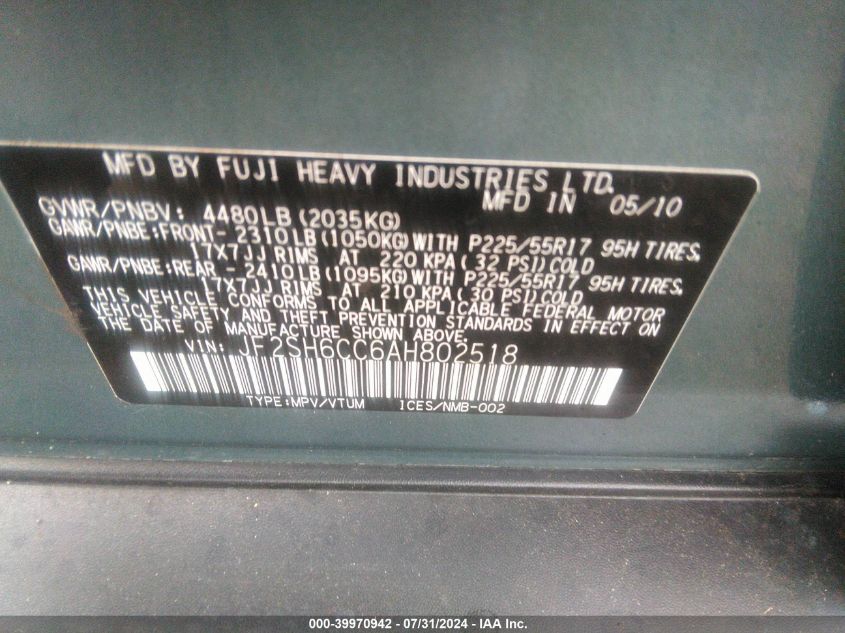 2010 Subaru Forester 2.5X Premium VIN: JF2SH6CC6AH802518 Lot: 39970942