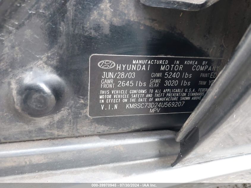 2004 Hyundai Santa Fe Gls VIN: KM8SC73D24U569207 Lot: 39970945