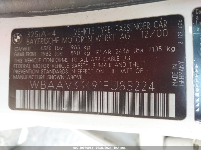 2001 BMW 325I VIN: WBAAV33491FU85224 Lot: 39970953