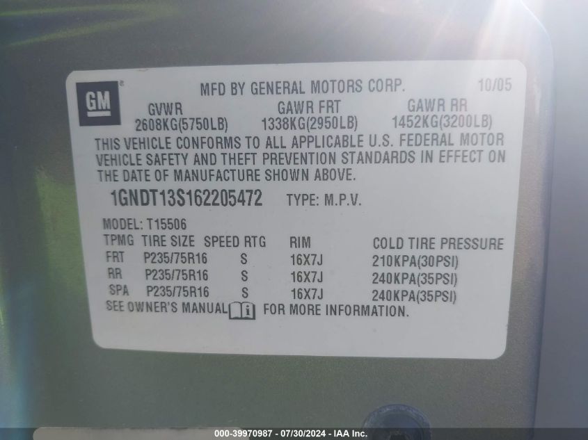 2006 Chevrolet Trailblazer Ls VIN: 1GNDT13S162205472 Lot: 39970987