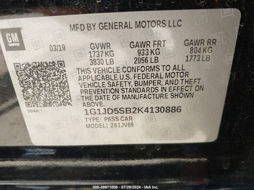 1G1JD5SB2K4130886 2019 Chevrolet Sonic Lt Auto