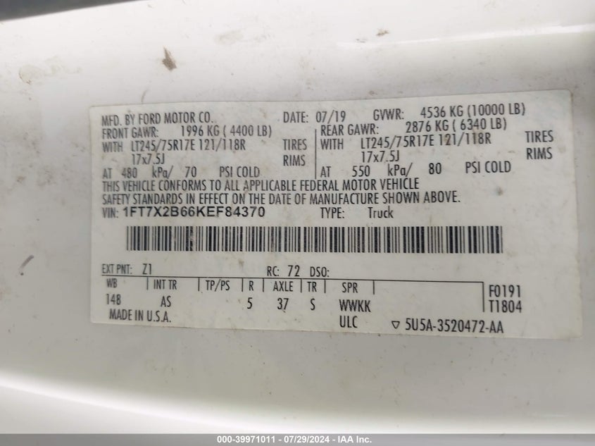 2019 Ford F-250 Xl VIN: 1FT7X2B66KEF84370 Lot: 39971011