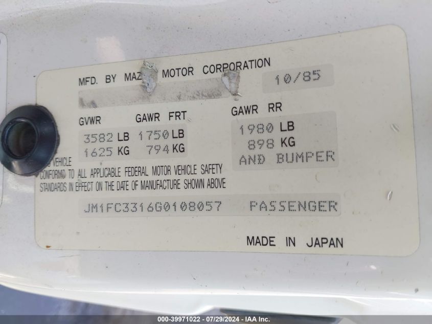 1986 Mazda Rx7 VIN: JM1FC3316G0108057 Lot: 39971022