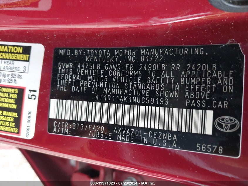 2022 TOYOTA CAMRY LE - 4T1R11AK1NU659193