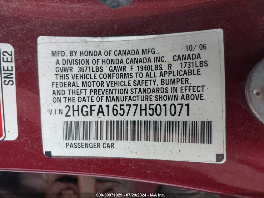2007 Honda Civic Lx VIN: 2HGFA16577H501071 Lot: 39971029