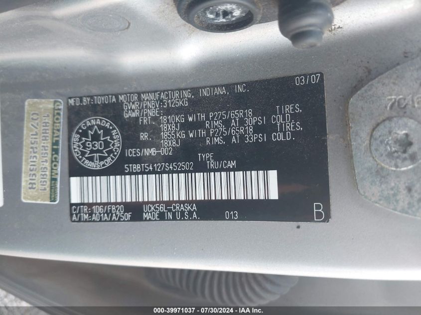 2007 Toyota Tundra Sr5 4.7L V8 VIN: 5TBBT54127S452502 Lot: 39971037