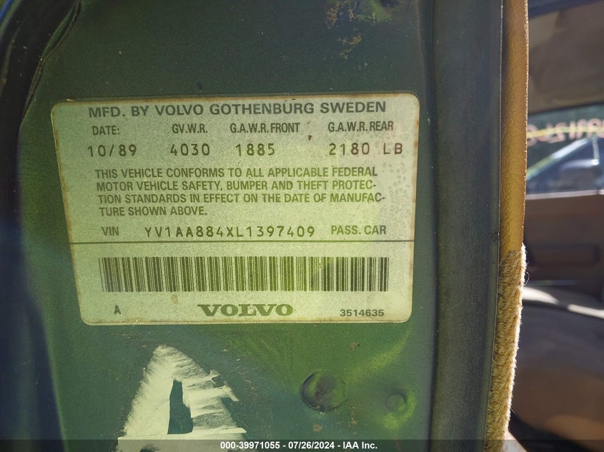 1990 Volvo 240 Dl VIN: YV1AA884XL1397409 Lot: 39971055