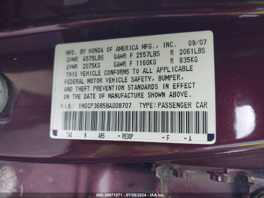 1HGCP36858A008707 | 2008 HONDA ACCORD