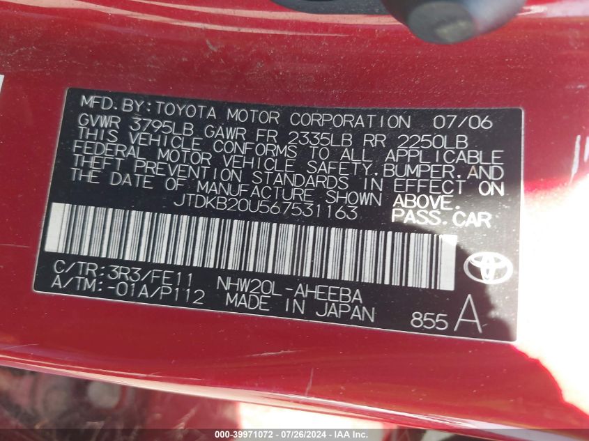 2006 Toyota Prius VIN: JTDKB20U567531163 Lot: 39971072