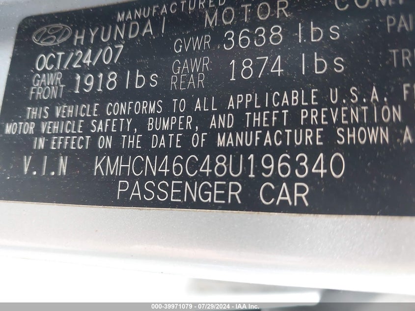 2008 Hyundai Accent Gls VIN: KMHCN46C48U196340 Lot: 39971079