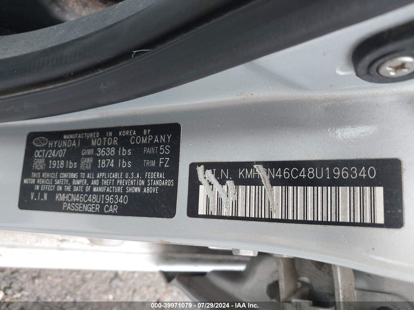 2008 Hyundai Accent Gls VIN: KMHCN46C48U196340 Lot: 39971079