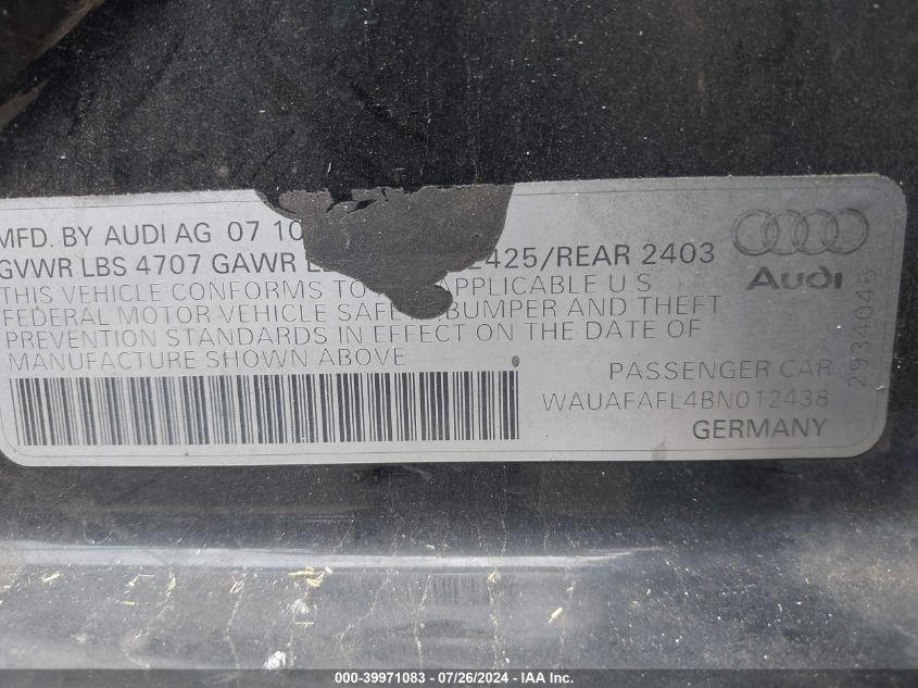 2011 Audi A4 Premium VIN: WAUAFAFL4BN012438 Lot: 39971083