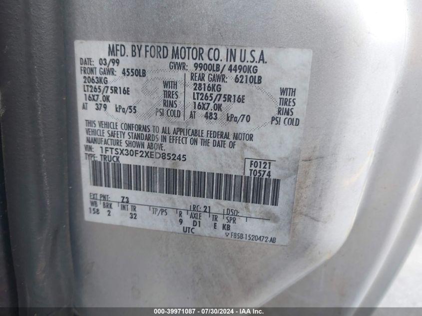 1999 Ford F-350 Lariat/Xl/Xlt VIN: 1FTSX30F2XED85245 Lot: 39971087