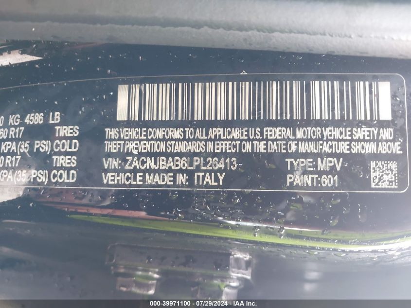 2020 Jeep Renegade Upland 4X4 VIN: ZACNJBAB6LPL26413 Lot: 39971100